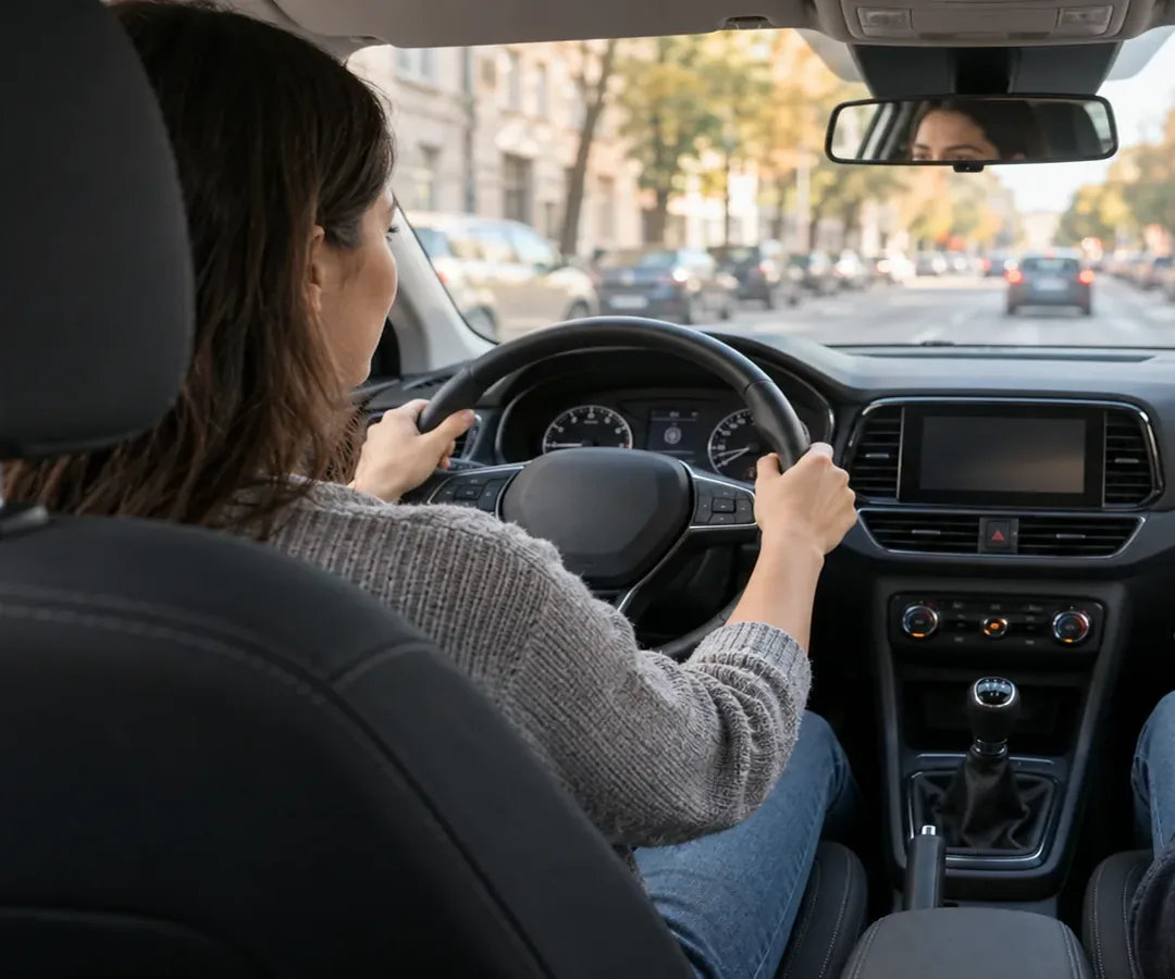 Fahrschülerin am Lenkrad, daneben der Schalthebel des Fahrschulwagens