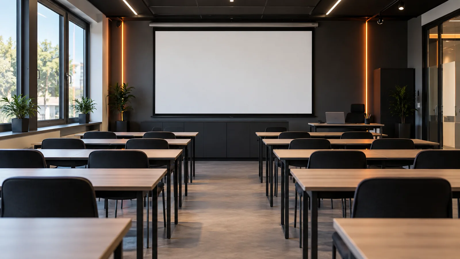 Moderner Unterrichtsraum mit Tischreihen und Leinwand
