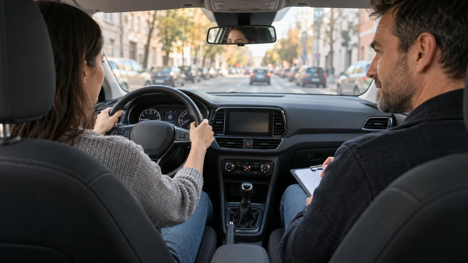 Fahrschülerin am Steuer, daneben der Fahrlehrer mit Klemmbrett